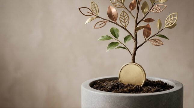 Golden money tree growing from soil symbolizing financial growth