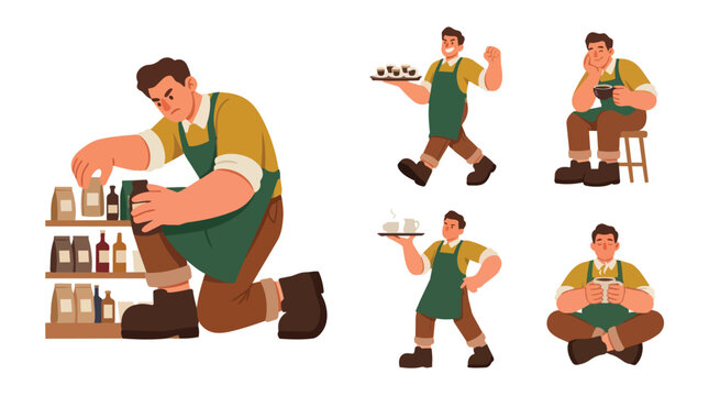Bartender characters showing different moods and actions in bar