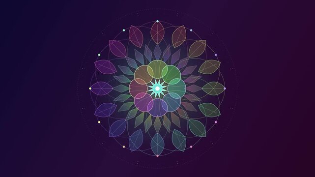 Colorful sacred geometry mandala animation with glowing star center on dark background