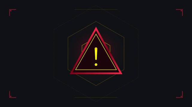 Glowing red warning triangle symbol pulsating on dark tech background