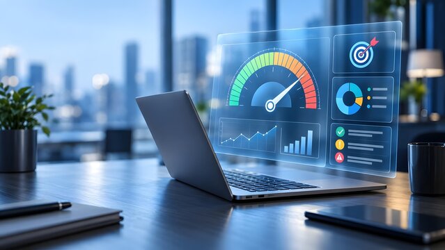 Laptop with holographic performance dashboard showing speedometer gauge and analytics for business growth