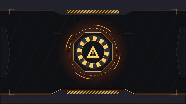 Futuristic HUD interface displaying a glowing yellow warning symbol and rotating sci fi target design