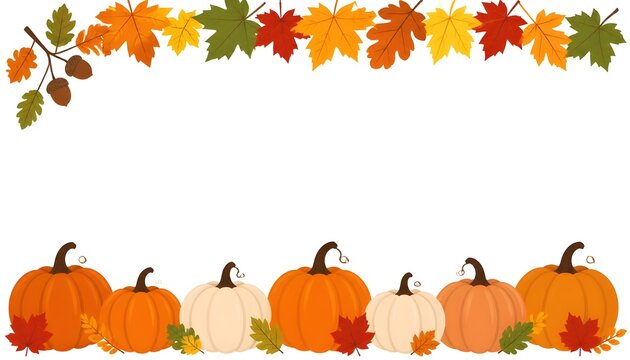 Decorative autumn frame showcasing colorful seasonal foliage and cheerful orange pumpkins ideal for thanksgiving decorating
