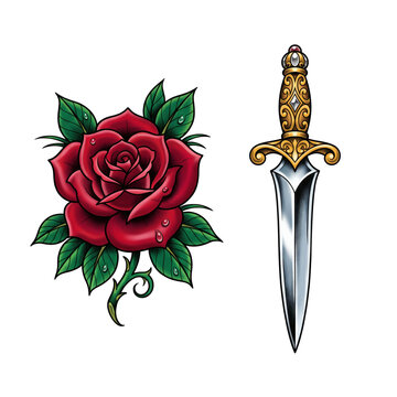 Traditional American tattoo flash art of a blooming red rose wrapped around a polished steel dagger. Classic retro dagger and rose tattoo illustration on white background template display.