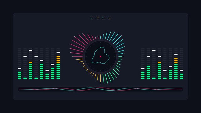 Digital Audio Equalizer Spectrum Display with Glowing Music Waves and Sound Meters
