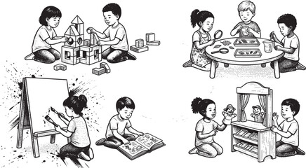 Fototapeta premium Set of children learning through play with blocks, science experiments, painting, and puppets in a black and white on white background