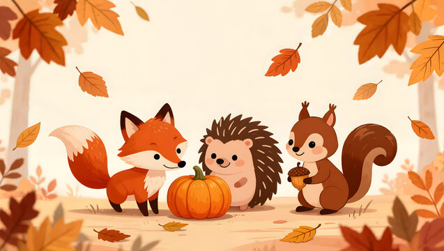 Cute fox, hedgehog and squirrel gathered around a pumpkin with an acorn in an autumn forest with falling leaves and copy space, children's illustration