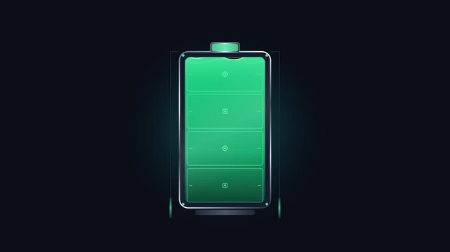 Digital battery charging animation with glowing green liquid energy level indicator