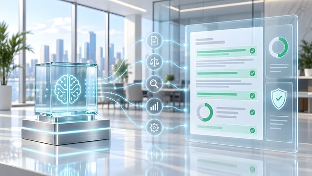 Artificial intelligence brain analyzing legal document for automated compliance audit and contract review[cite: 51]