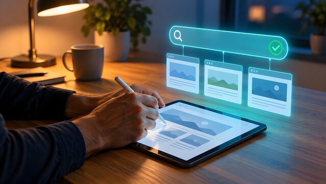 Designer using digital tablet with stylus to develop website wireframe layout and search interface architecture[cite: 52]