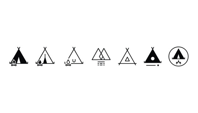 Collection of seven minimalist black line art tipi tent logos representing outdoor camping and wilderness adventure.
