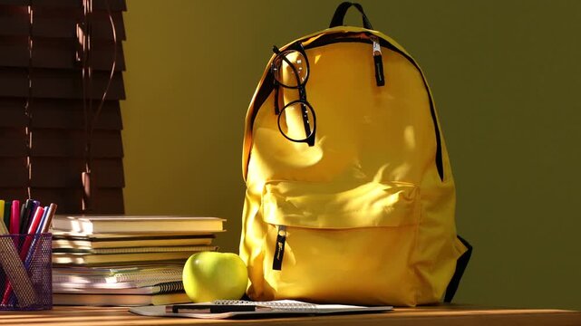 Stylish backpack with different stationery, glasses and apple on wooden desk indoors, camera moving left