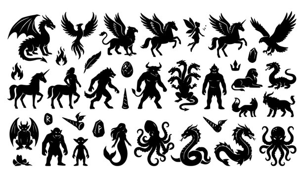 Fantasy Mythology Creature Black Silhouette Vector Set with Dragons Unicorns Monsters Fairies and Sea Beasts