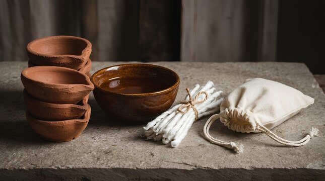 Artisanal clay bowls with a bundle of sticks and cloth bag on stone surface.