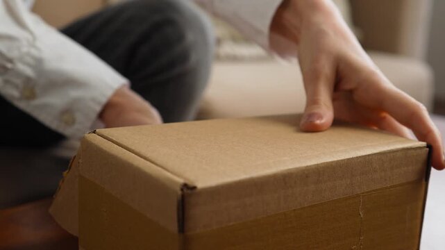 Close-up of woman lifting a white product box from a cardboard delivery box to check it. Female customer unpacking a new purchase after online shopping