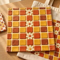 Obraz premium 3D Daisy Flower Pattern On Checkered Quilted Background Seamless Texture 