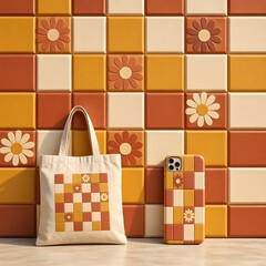 Obraz premium 3D Daisy Flower Pattern On Checkered Quilted Background Seamless Texture 