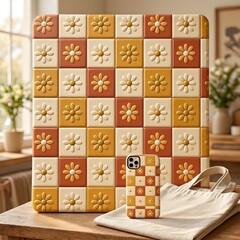 Obraz premium 3D Daisy Flower Pattern On Checkered Quilted Background Seamless Texture 
