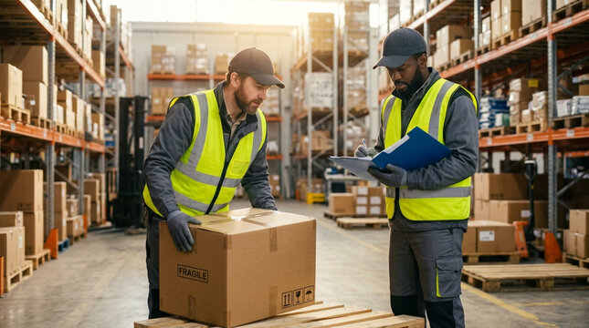 Two male warehouse workers in safety vests manage inventory; one lifts a fragile cardboard box onto a pallet while the other checks a clipboard in a large storage and distribution center.
