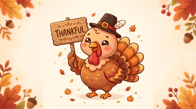 Cute Thanksgiving turkey in pilgrim hat holding wooden thankful sign with autumn leaves, acorns and mini pumpkins, cartoon illustration