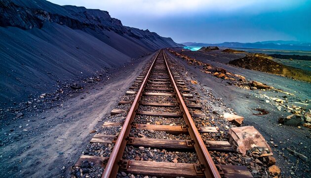 火山灰のような黒い大地を遥か彼方へとまっすぐ伸びる一本の線路