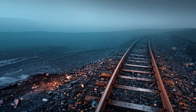 火山灰のような黒い大地を遥か彼方へとまっすぐ伸びる一本の線路