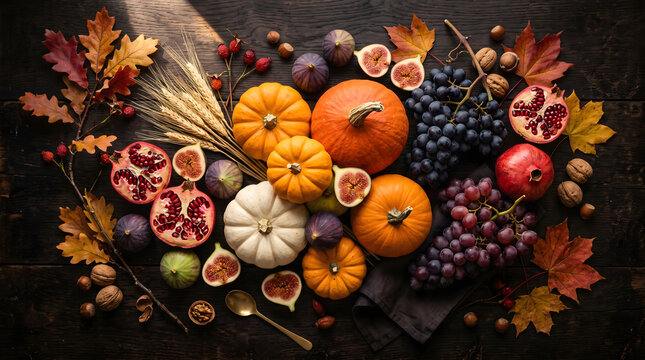 Autumn harvest flat lay with pumpkins, figs, pomegranates, grapes, walnuts, wheat and maple leaves on dark rustic wooden table top view
