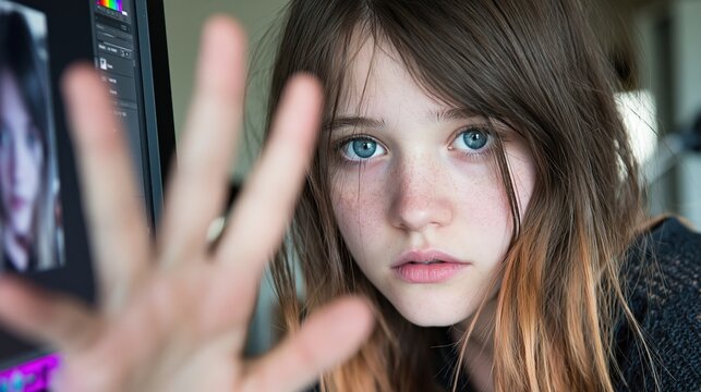 Young person with blue eyes holds up a hand in front of a computer screen.