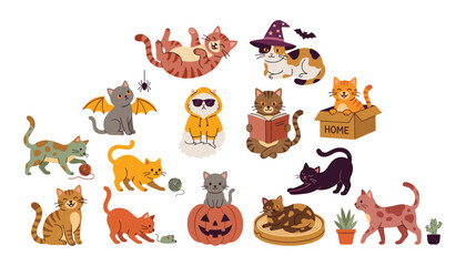Obraz premium Cute cartoon cats and kittens vector set featuring funny characters with Halloween costumes spooky pumpkins and cozy winter themes