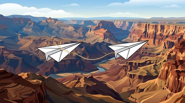 Two paper planes connected by string flying over canyon