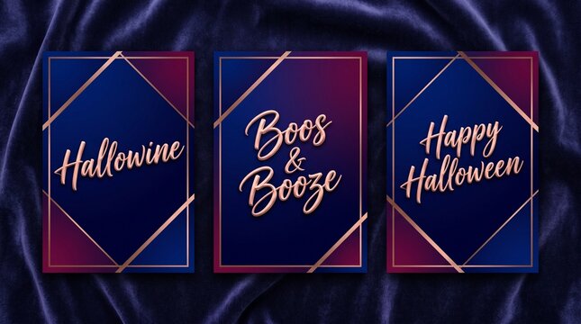 Elegant Halloween greeting cards with gold calligraphy, luxury purple velvet background, set of 3 spooky party invitations with Hallowine and Boos and Booze text
