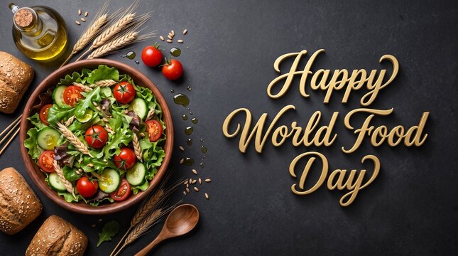 Happy World Food Day greeting, fresh vegetable salad bowl with bread and olive oil, healthy organic nutrition concept on dark background
