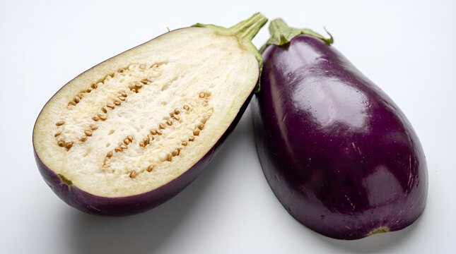 One whole round glossy purple eggplant smooth skin and one lengthwise half showing creamy white fibrous flesh with small brown seeds neatly arranged, fresh organic vegetable, clean white minimalist ba
