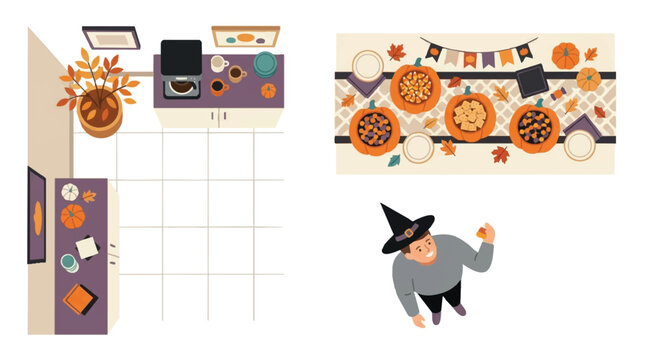 Cute Cat Wearing Witch Hat with Pumpkins and Autumn Leaves Halloween Illustration. EPS Editable. Vector Illustrations.