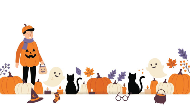 Cute child in Halloween pumpkin costume with black cats and autumn decorations. EPS Editable. Vector Illustrations.