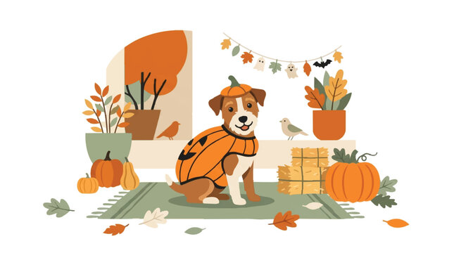 Cute Dog in Tiger Costume with Pumpkins Autumn Halloween Illustration. EPS Editable. Vector Illustrations.