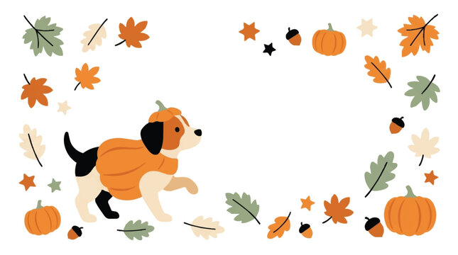 Cute dog wearing pumpkin costume surrounded by autumn leaves and elements. EPS Editable. Vector Illustrations.