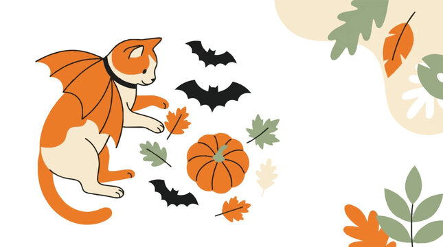 Cute ginger cat in vampire costume with pumpkin bats and autumn leaves halloween decoration. EPS Editable. Vector Illustrations.
