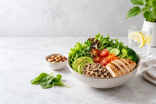 Healthy chicken salad bowl with fresh vegetables and avocado