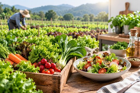 Fresh vegetable harvest and healthy salad on a farm