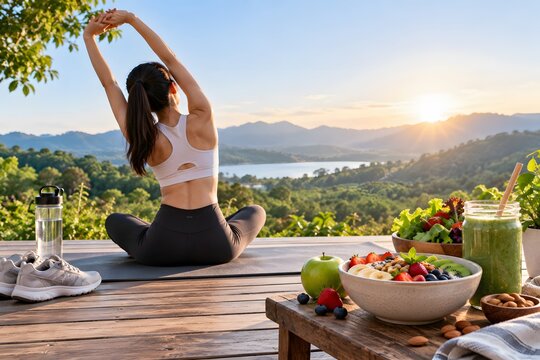 Healthy lifestyle woman practicing yoga with fresh breakfast outdoors
