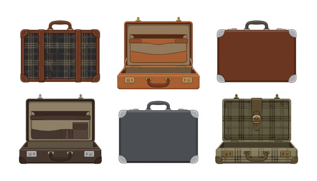 Vintage leather suitcase and briefcase vector illustration set featuring open and closed travel bag collection elements