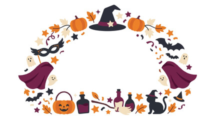 Fototapeta premium Halloween festive decoration arch frame with pumpkins witch hats masks and spooky elements. EPS Editable. Vector Illustrations.