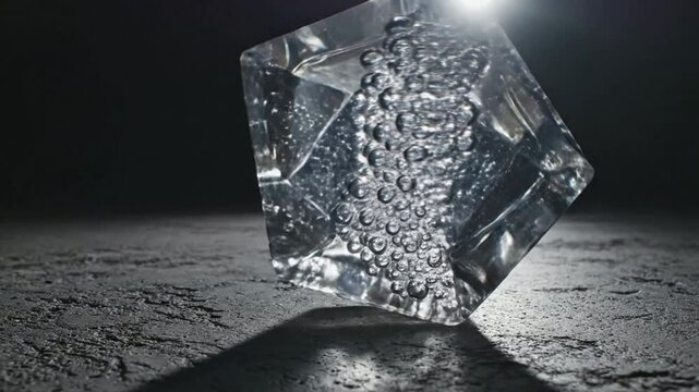 Rotating Transparent Geometric Crystal with Bubbles in Dramatic Cinematic Lighting