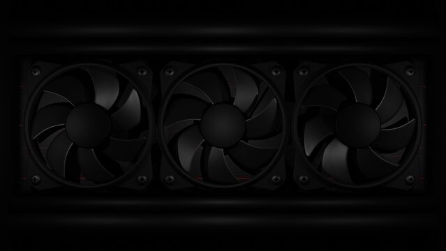 Three black computer cooler fans mounted on a radiator unit inside a dark PC case