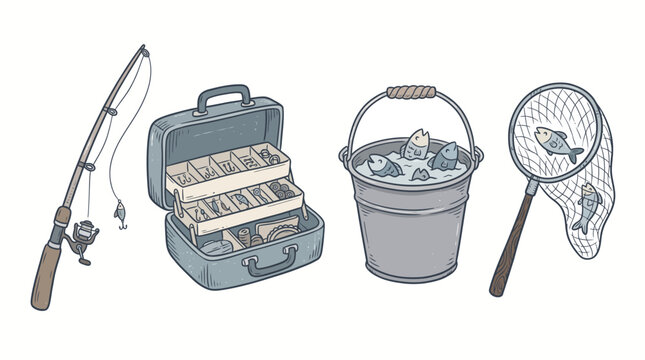 Fishing equipment and tackle for angling and catching fish, including a rod, tackle box, bucket, and net with fish