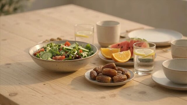 Ramadan iftar food composition with dates and traditional dishes
