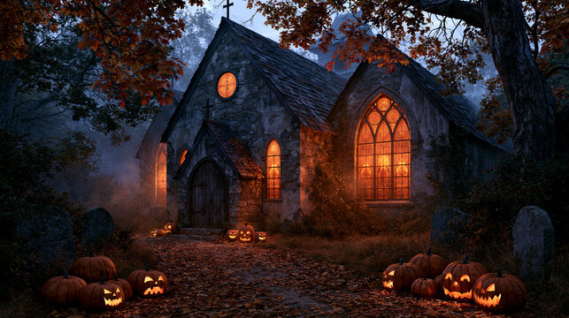 Spooky old stone church illuminated with glowing orange Halloween jack o lanterns at night