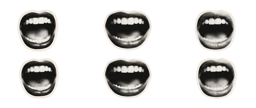 Visual pronunciation speech therapy mouth shapes set: diverse human lips and teeth pronouncing vowel and consonant sound phonemes. Modern visual asset isolated on pure white background template.