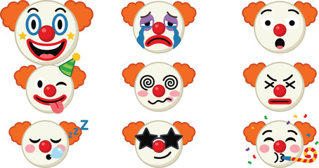 Obraz premium Cute clown emoji vector illustration set featuring various facial expressions including happy sad angry shocked dizzy and sleeping face icons